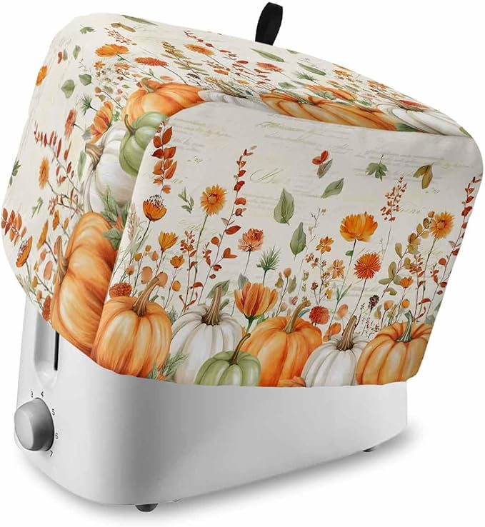 Orange White Pumpkins Fall Toaster Cover 4 Slice, Thanksgiving Botanical Leaves Dustproof Bakeware Oven Protector with Hook, Retro Waterproof Small Kitchen Appliance Toasters Dust Cover, 12"x11"x8"