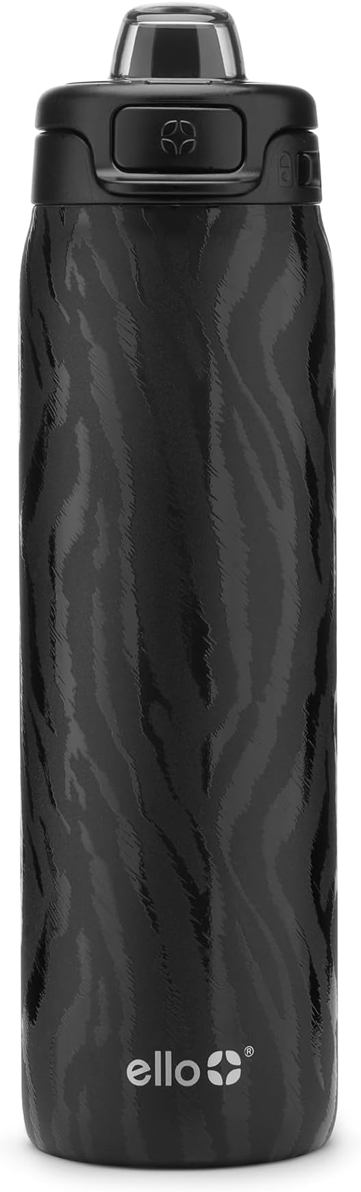 Ello Pop & Fill 22oz Stainless Steel Water Bottle with QuickFill Technology, Double Walled and Vacuum Insulated, Leak Proof Locking Lid, Straw and Chug, Fits Cupholder, Reusable BPA Free, Black Zebra