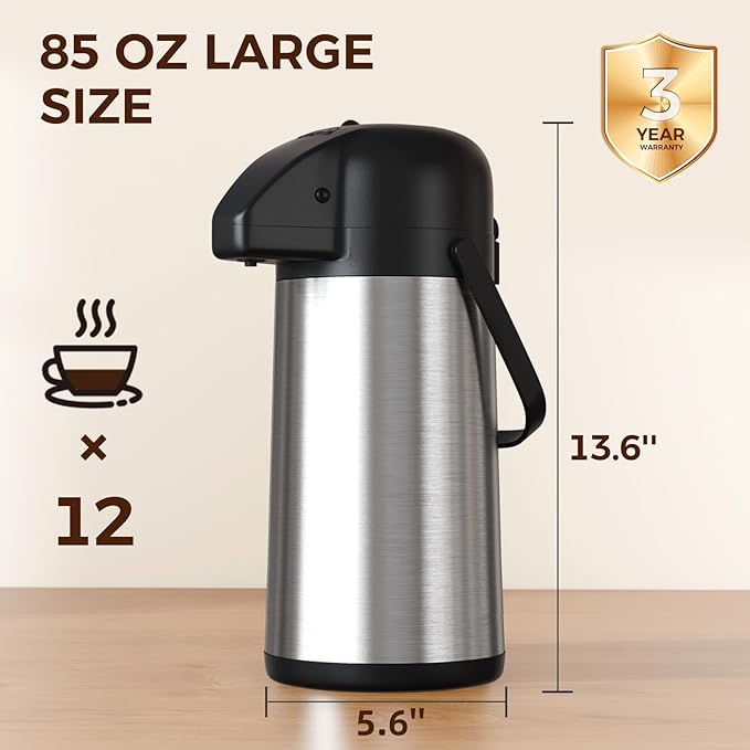 Coffee Carafe for Keeping Hot - Gezoss 85OZ / 2.5L Airpot Coffee Dispenser with Pump - Large Coffee Carafe for Hot Drinks Tea Liquid - Insulated Stainless Steel Hot Water Beverage Urn for Parties