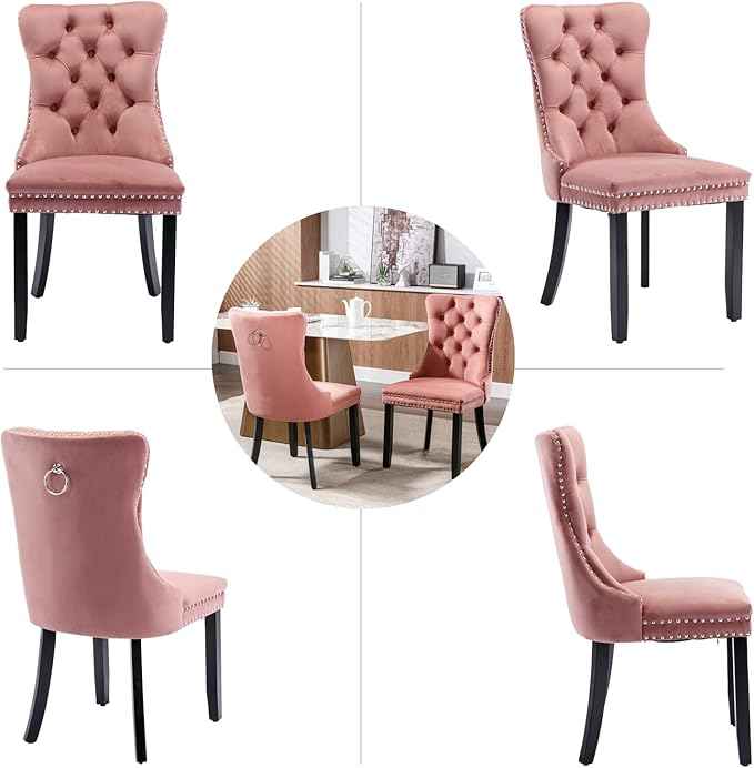 Pink Velvet Dining Chairs Set of 4, Upholstered Dining Room Chairs with Back Ring Pull Trim and Solid Wood Legs, Tufted Wingback Kitchen Chairs for Dining Room,Living Room,Kitchen(Pink)