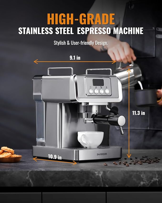SHARDOR 20-Bar Espresso Machine for Home Barista, Espresso Coffee Maker with Temp Display, Built-In Steam Wand for Latte & Cappuccino, Stainless Steel, 1350W, 60oz Water Reservoir