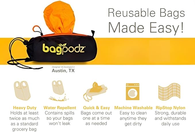 Sturdy Reusable Grocery Bags Foldable and Washable - Made From RipStop Nylon Hold 50lbs - Designed in USA Reusable Shopping Bags Inside a Compact Pod with Carry Clip - 10 Pack in Orange