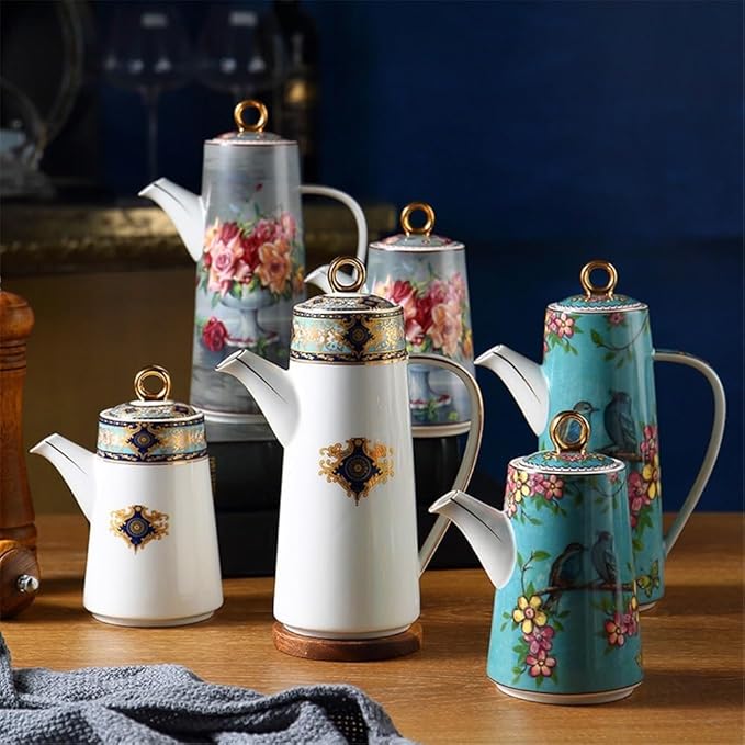 Water Pitcher Ceramic Teapot With Lid Water Pitcher Kitchen Butter Bottle Flower & Bird Finished Wedding Gifts Party Presents 650ML Glass Pot(White)