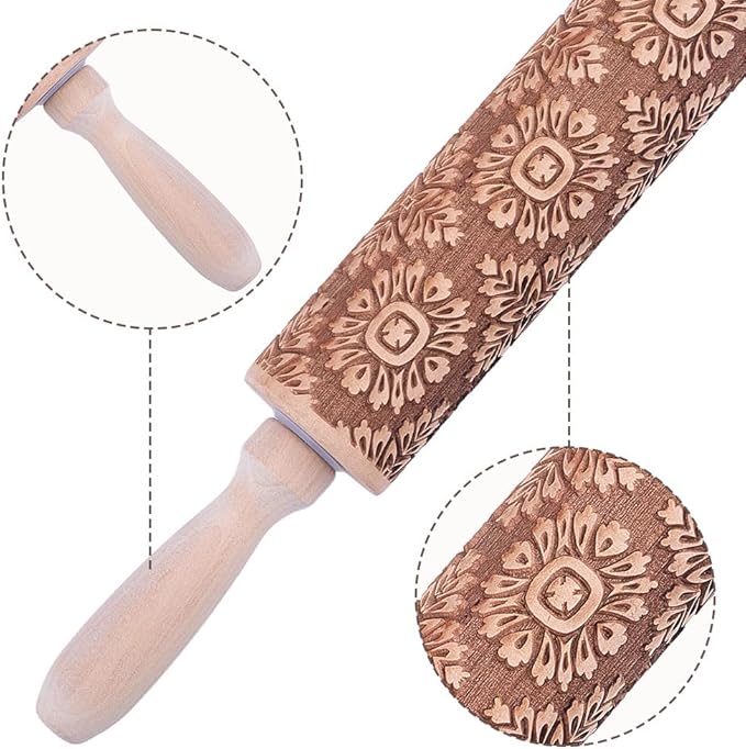 Embossed Wooden Rolling Pin Darker 3D Flower Rattan 36cm Rolling Pin for Baking Biscuits DIY Kitchen Tool Baking Accessories Homemade Bakery Pastry Cookie Fondant Dough Pizza
