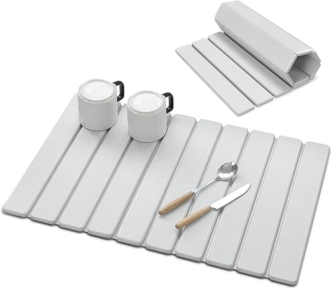 Stone Drying Mat for Kitchen Counter, White 24"×16" Collapsible Fast Drying Dish Mats, Diatomaceous Earth Water Absorbing Mat for Dishes Bottles Cups