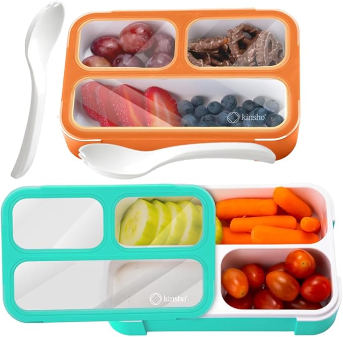Small Snack Containers for Kids Toddlers - 3 Compartments (Set of 2) - Leak-Proof Reusable Boxes with Lids - BPA-Free Plastic Mini Bento Lunch Box - Ideal for School, Holds 2 Cups (Teal Blue+Orange)