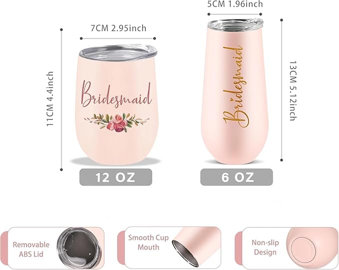 CARAKNOTS Bridesmaid Gifts Bridesmaid Proposal Gifts Wedding Tumbler for Engagement Bachelorette Party Cups Pink Stainless Steel Wine Tumbler with Lid and Straw 12 oz
