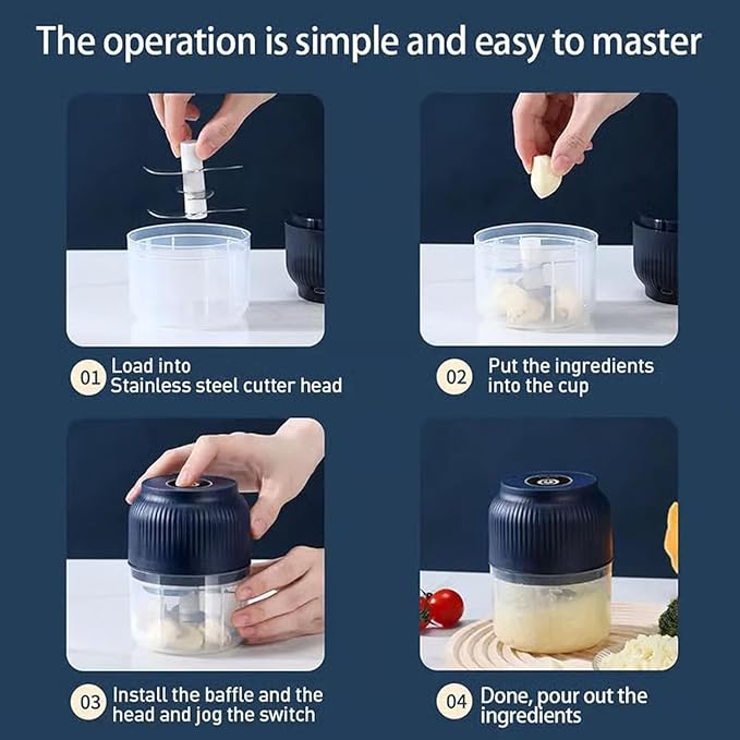Electric Garlic Chopper, Mini Portable Veggie Cutter, Rechargeable Wireless Electric Food Chopper with 4 Stainless Steel Blades, One-Press Fast Prep for Garlic, Onion, Chili, Ginger, Meat (2Pcs B)
