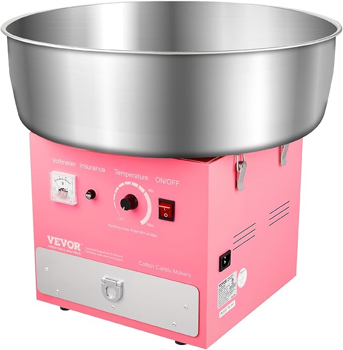 VEVOR Electric Cotton Candy Machine, 1000W Commercial Candy Floss Maker with 20.5 in Stainless Steel Bowl, Sugar Scoop, and Drawer, Easy Home Use, Perfect for Kids Birthday, Family Party, Pink
