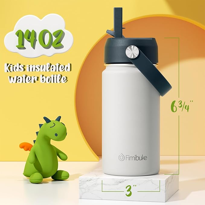 Fimibuke Kids Insulated Water Bottle, 14oz BPA FREE Double Wall Vacuum Tumbler 18/8 Stainless Steel Leak Proof Kids Cups with Straw Metal Water Bottle for School Boys Girls (2 Pack, Coastal)