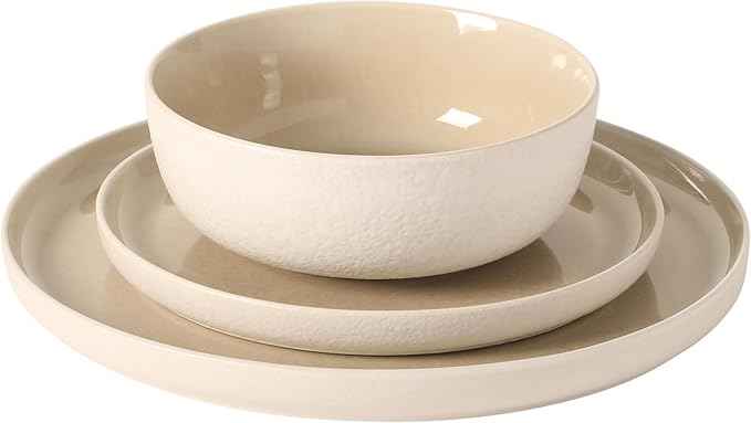 Gibson Elite Tahoe Sunset 12-Piece Reactive Stoneware Dinnerware Set – Matte Exterior & Shiny Interior Plates and Bowls, Durable Everyday Dish Set, Microwave & Dishwasher Safe - Taupe