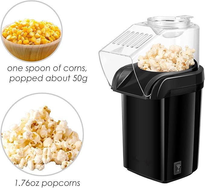 Nostalgia Hot Air Popcorn Popper Maker, 1200W Electric Pop Corner Machine, 16 Cups, 3 Minutes Done, Fully Automatic Healthy No Oil and No Sugar Corn Popcorn Machine (Black)