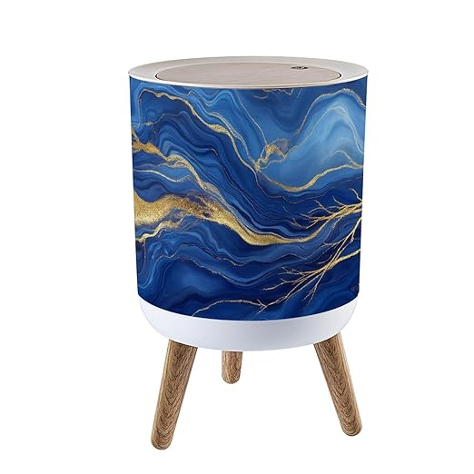 Trash Can with Lid abstract blue marble golden veins painted artificial marbled surface Press Top Round Small Garbage Bin with Wooden Legs Waste Basket for Kitchen Bedroom Nursery 7L/1.8 Gallon