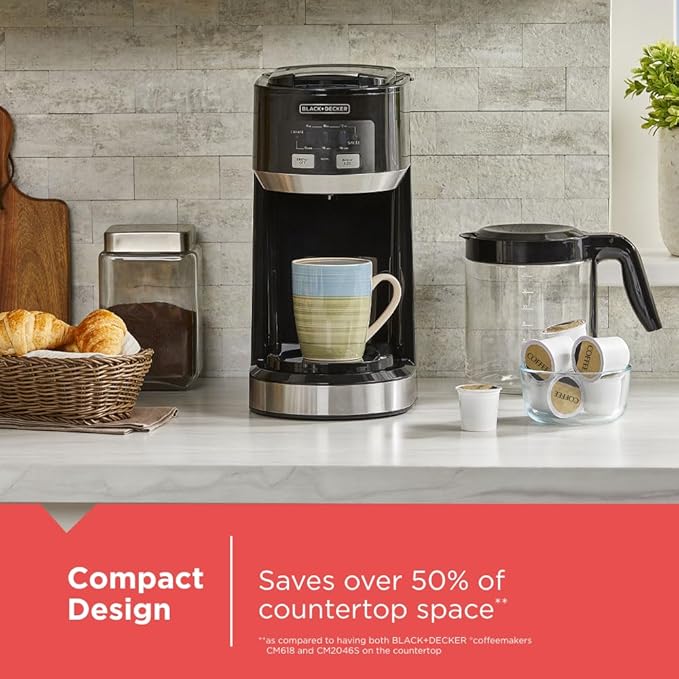 Black+Decker Dual Brew 14-Cup Carafe Single Serve Coffee Maker with Auto-Clean Function, Compact Design, K-Cup & Reusable Ground Filter Compatible with 70 oz. Water Reservoir & Fast Brew Technology