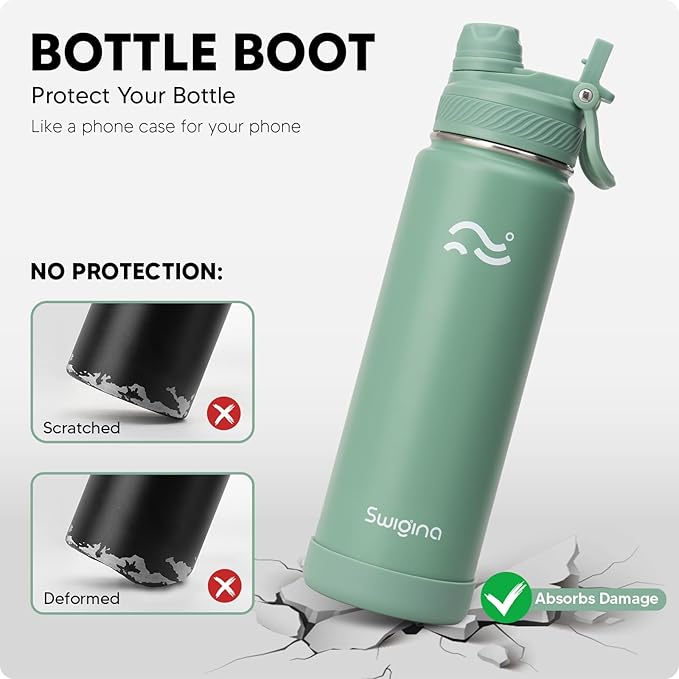 Swigina [2-IN-1 LID] Insulated Water Bottle with Silicone Boot (36hrs Cold/18hrs Hot) - DIY Stickers, Leakproof, BPA Free, 24 oz