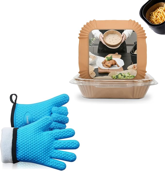Silicone Oven Gloves with Square Air Fryer Liners - Non-Stick Heat Resistant Kitchen Accessories