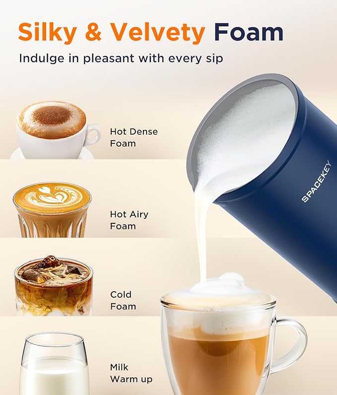 Spacekey Milk Frother Electric Automatic Frother for Coffee with Mute Mode, 10.1oz/300ml Overheat Protection Milk Steamer, 4-in-1 Warm and Cold Foam Maker for Latte/Hot Chocolate
