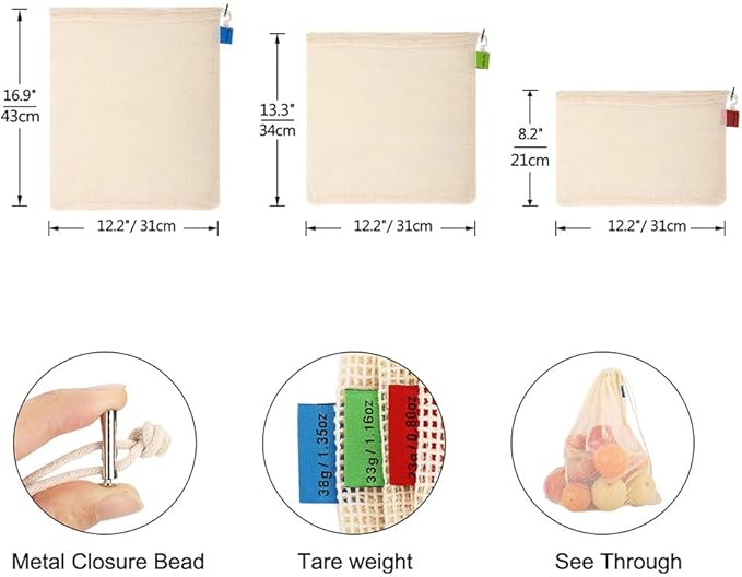Reusable-Cotton-Mesh-Produce-shopping-Bags-Washable Eco Friendly Premium See Through Lightweight Net zero Bulk Bags for Veggie Fruit Vegetable Grocery Storage (9 Packs)