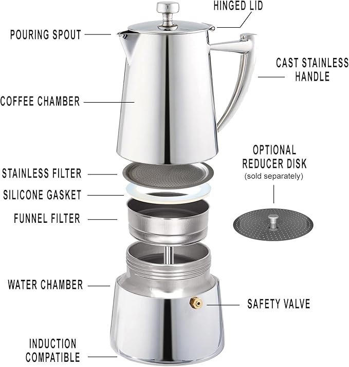 Cuisinox Roma Stovetop Espresso Maker COF-6R, Stainless Steel Coffee Percolator Stovetop, Heat-Resistant & Non-Reactive, 6-Cup Italian Espresso Maker Easy to Clean, Durable Stove Top Percolator