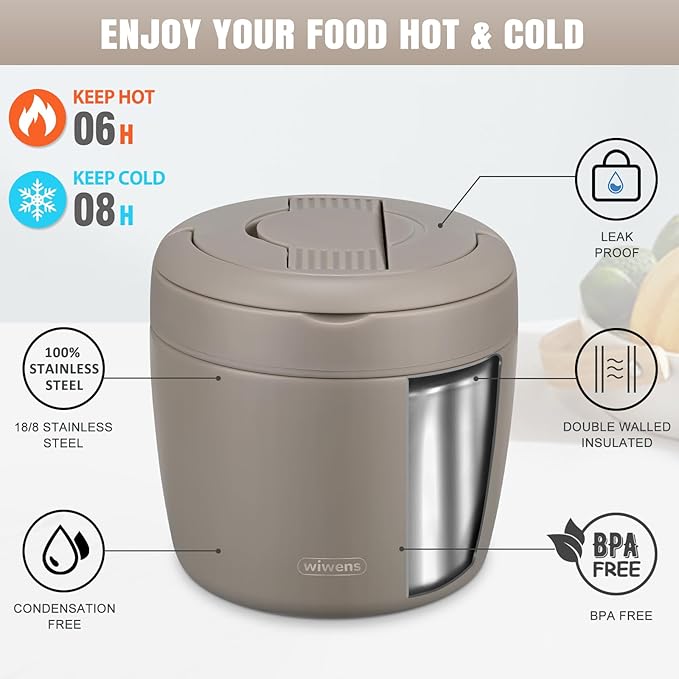 wiwens Thermo Food Jar for Hot Food Adults 32OZ Soup Thermo Lunch Containers Wide Mouth Vacuum Insulated Stainless Steel Leakproof Bento Box with Spoon (Khaki)