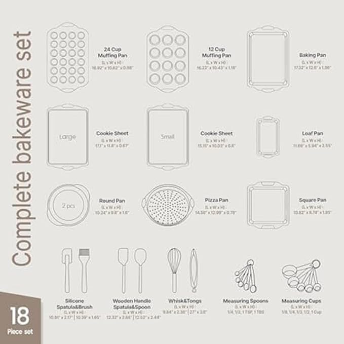 BAKKENMASTER 18-Piece Deluxe Nonstick Carbon Steel Bakeware Set - Professional Kitchen Oven Baking Pans with White Silicone Handles and Accessories
