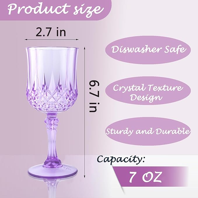 Plastic Wine Glasses, Plastic Goblets Vintage Style Cordial Unbreakable Drinking Glasses, Reusable Drinkware for Wedding Reception, Grand Event Party Supplies (24, Purple)