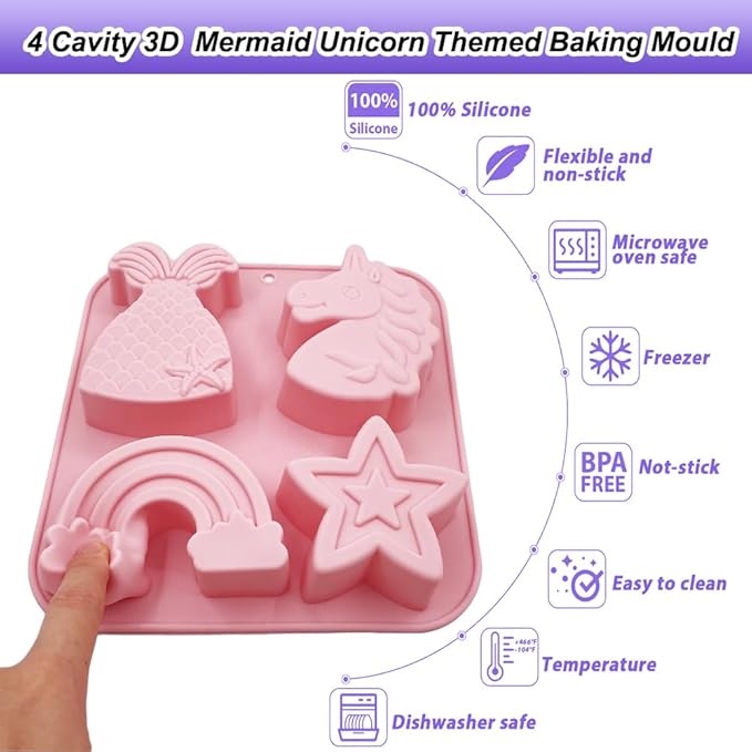 2 Pack Unicorn Molds Silicone 4 Cavity 3D Big Cartoon Themed Baking Mould Tray with Mermaid Rainbow Star for Baby Shower Birthday Party Chocolate Cake Mousse Pastry Soap Crayons Cupcake Topper