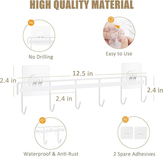 Kitchen Utensil Hanger, Adhesive Utensil Holder Wall Mount Kitchen Rack Rail with 12 Hooks, Space Saving and No Drilling, White, 2 Pcs