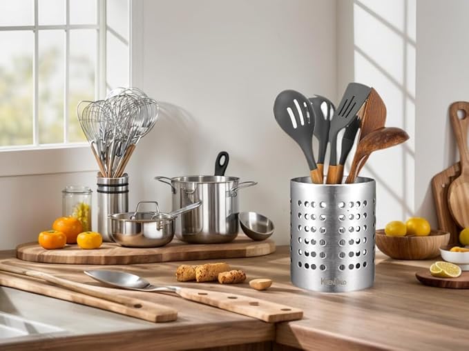 KSENDALO Metal Utensil Holder Set, Small SUS304 Steel Utensil Holder Flatware Silverware Spatulas Utensils Drying Rack for Kitchen Countertop, Kitchen Home Office Organizers ,Silver (3 Pack)