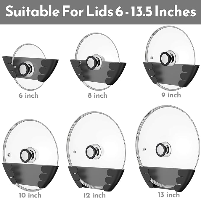Universal Pot Lid Organizer for Cabinet - Upgraded Patented Niceyos 3 Pack Inside Cabinet Door Wall Mount Pan Top Storage Organizer Rack Holder for Kitchen, Fits 6" to 13" (Black)