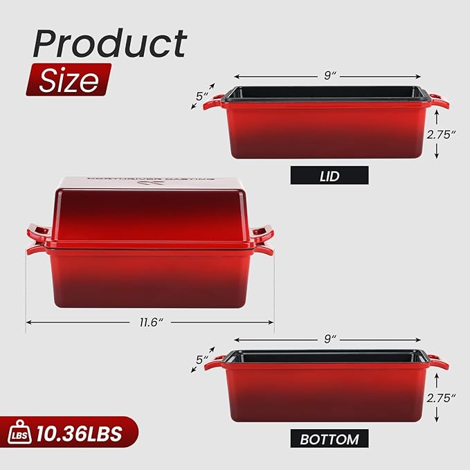 Northriver Casting 9x5 Inch Enameled Cast Iron Bread Loaf Pan with Lid, Perfect Sourdough Baking Pans | Even Heat Distribution for Homemade Bread, Cake, Meatloaf，2 Piece set，Red