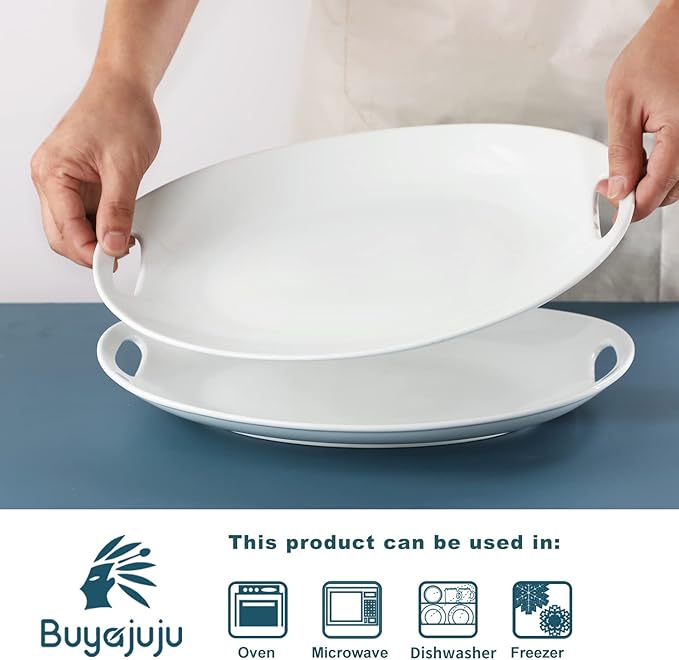 Buyajuju Porcelain Serving Platter with Handles, 14" serving dishes for entertaining, Oval Serving tray for Salad, Stew, Fruits and Pasta, Set of 2, White