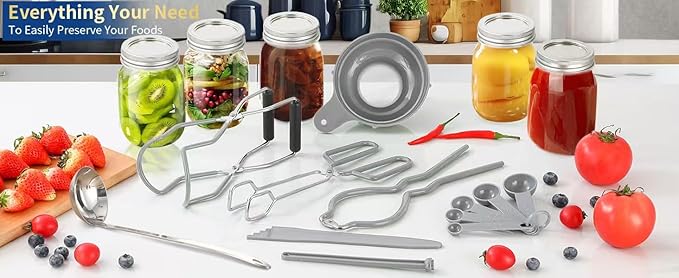 Canning Supplies Starter Kit,Canning Kit for Beginners of 9 with Jar Lifter，Wide Mouth Funnel,Wrench,Tongs,Lid Lifter,Bubble Popper,Canning Labels,ladle,Measuring Spoon-Gray