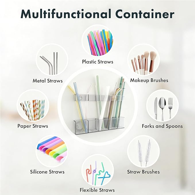 Acrylic Straw Holder for Cabinet Door - Child-Safe Organizer & Dispenser with Smooth Rounded Edges for Kitchen Accessories Storage, Adhesive Circles Included (Dark Transparent)