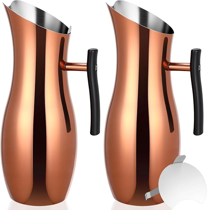 Funnymoom 2 Pcs 2 L Stainless Steel Water Pitchers with Lid Removal Ice Guard Handle Modern Metal Water Pitcher Hot Cold Drink Serving Tool for Restaurants Home Bar Christmas Party(Rose Gold)