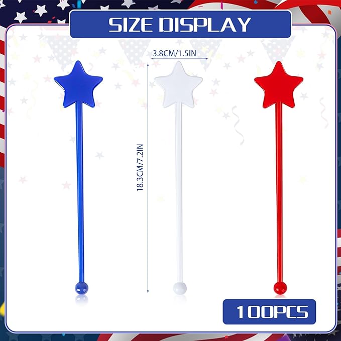 Jansun 100 Pcs 4th of July Patriotic Cocktail Stirrers, Red White and Blue Drink Stirrers Reusable Coffee Stirrers Plastic Swizzle Sticks Stir Sticks for Fourth of July Independence Day Party Supplies
