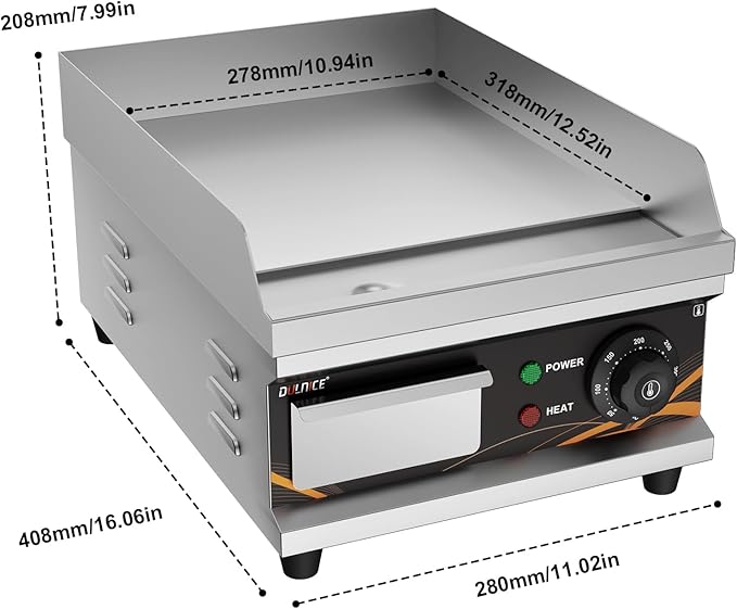 Commercial Electric Griddle 12 Inch, Electric Flat Top Grill with Temperature Adjustable, Brushes, Shovels, Stainless Steel Non-Stick Teppanyaki Grill for Home & Restaurants, 1500W