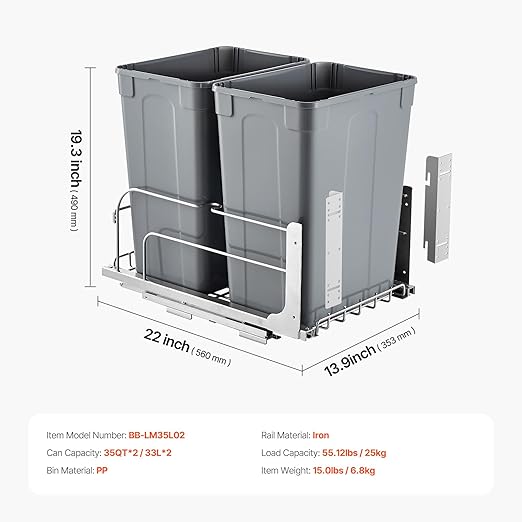 VEVOR Pull-Out Trash Can, 35 QT x2 Double Under Mount Kitchen Waste Container, Heavy Duty Garbage Recycling Bin with Door Kit and Soft Close Slide, for Kitchen Cabinet, Sink, Under Counter (Grey)