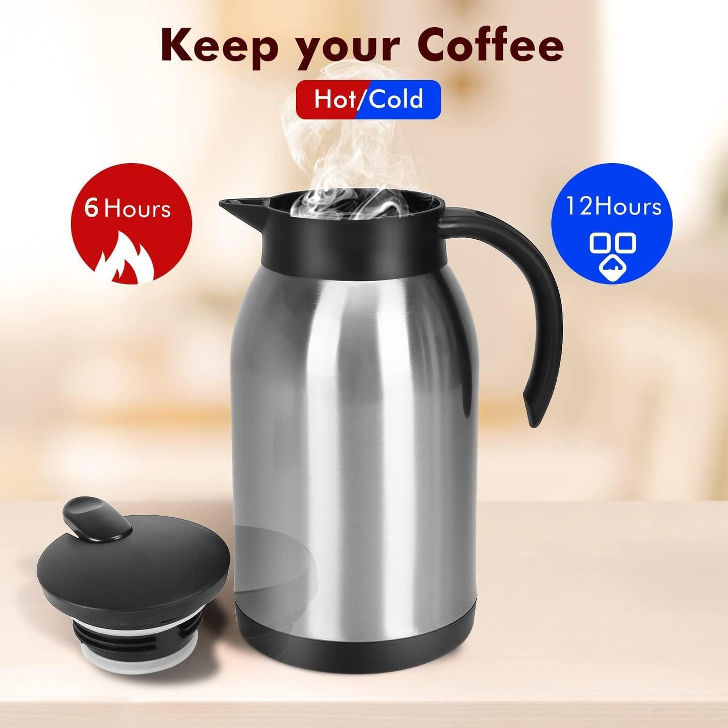 Stainless Steel Thermal Coffee Carafe Dispenser, 40oz Unbreakable Double Wall Vacuum Flask 1.2L Water Tea Pot Beverage Pitcher for Hot Coffee for Christmas Carafe(Silver)