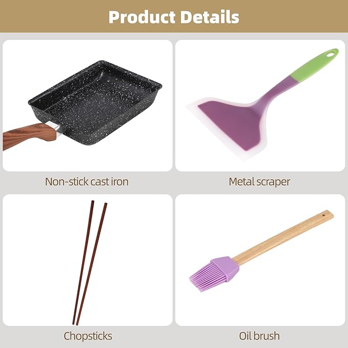 Tamagoyaki Pan Kits with Lid, Omelette Cast Pan Kit, Tamagoyaki Pans Cast Iron Maker with Lid, Nonstick Skillet with Wooden Handle, Includes Spatula, Mat, Knife, Sushi Accessories, Cooking Brush