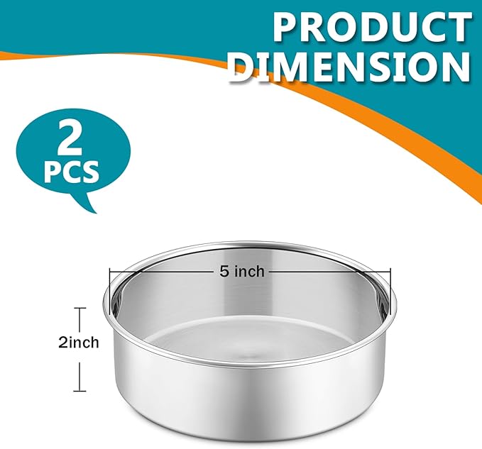 P&P CHEF 5 Inch Cake Pan Set of 2, Stainless Steel Round Baking Layer Cake Pans, Non Toxic & Healthy, Leak-proof & Easy Clean, Mirror Finish & Easy Releasing, Oven & Dishwasher Safe