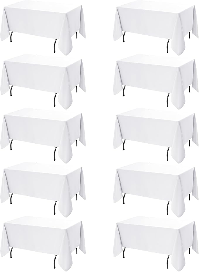 10-Pack White Tablecloths for Rectangle Tables, 60 x 120 Inches, Stain-Resistant Polyester Fabric for 6 Foot Tables - Washable Table Covers for Weddings, Banquets, Birthday, Parties, Events