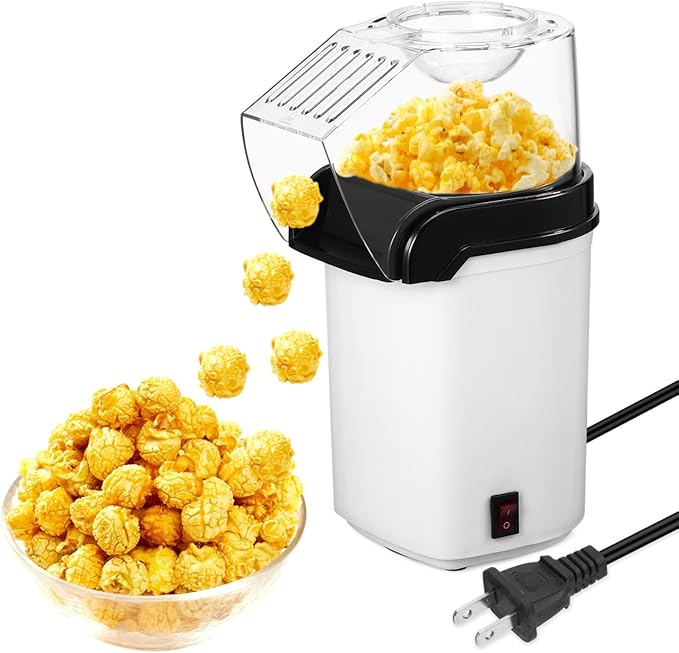 OUNONA Electric Hot Air Popcorn Maker with Measuring Cup Compact 10 Inch Home Popcorn Machine Quick One Button Operation for Party Snacks and Movie Nights Us Plug