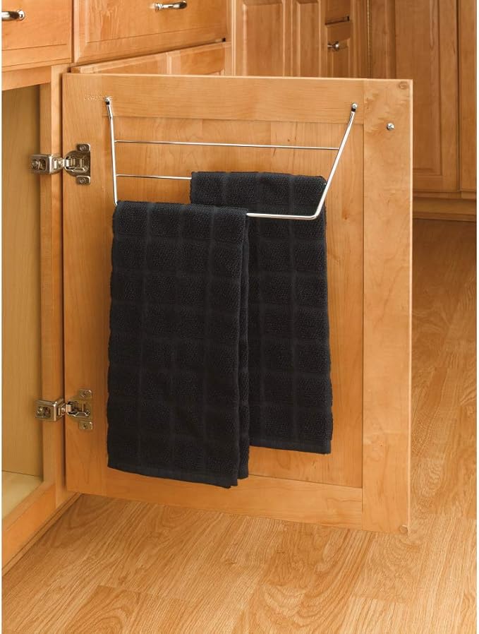 Rev-A-Shelf Under Sink Towel Holder for Kitchen and Bathroom Cabinets, Door Mount Wire Dish Rag Rack Hanger, Holds 3 Folded Wipes, Chrome, 563-32 C