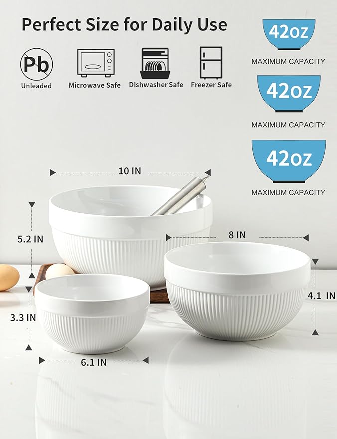 Large Ceramic Mixing Bowls, White Kitchen Bowls (1QT/2.3QT/4.6QT), Set of 3 Nesting Bowls for Baking, Cooking, Serving, Prepping, Dough Bread Making Bowl, Microwave and Dishwasher Safe
