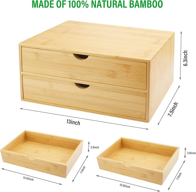 Charmewooden Bamboo Desk Organizer with Drawers, Countertop Organizer with Drawers Makeup Storage Drawer 2 Drawers Tabletop Storage Organization Box Home Office Workspace Bathroom Toiletries Supplies
