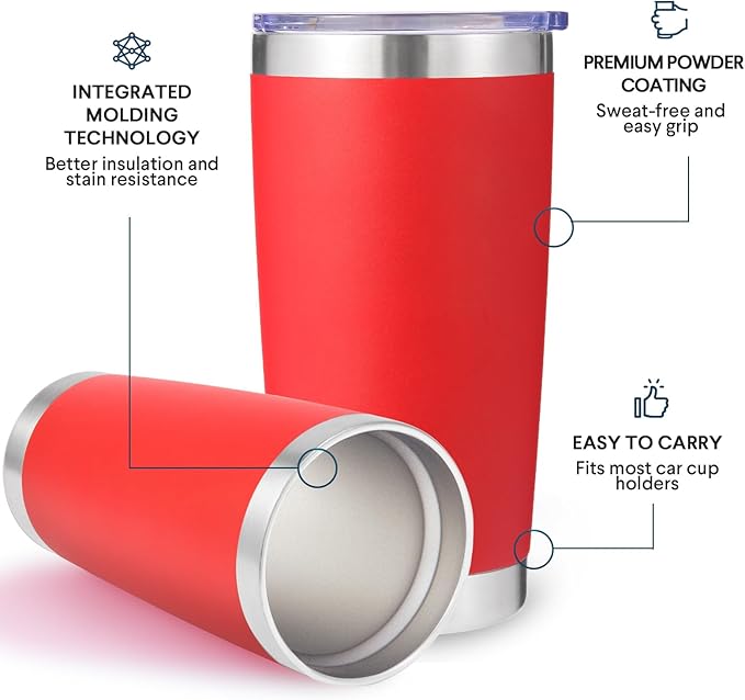 Volhoply 20oz Stainless Steel Tumbler with Lid and Straw Bulk 12 Pack,Double Wall Insulated Travel Iced Coffee Mug Fits Cup Holder,Powder Coated Cups for Hot/Cold Drinks,Gifts for Women（Red,12 Set）