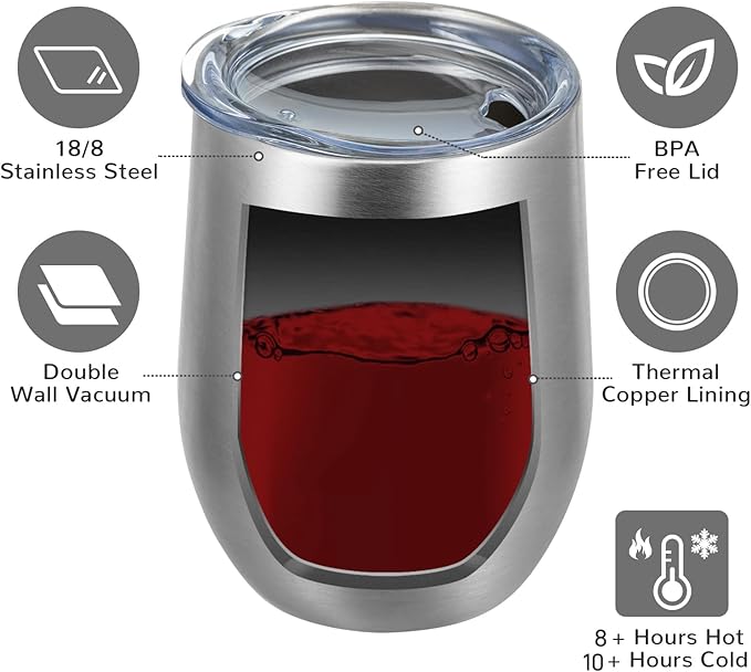 MEWAY 12oz/8 Pack Wine Tumbler Glasses with Lid - Stemless Double Wall Vacuum Stainless Steel Travel Tumbler - Keeping Cold & Hot for Wine,Coffee,Cocktails,Drinks-Family and Gifts (Silver,Set of 8)