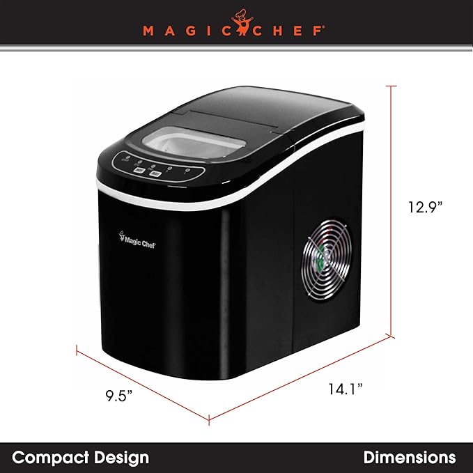 Magic Chef 27-Lb. Portable Ice Maker in Black, Tabletop Ice Maker for Kitchen, Apartment, Dorm, and Basement with Viewing Window, 2 Ice Cube Sizes, and Ice & Water Level Indicator Lights