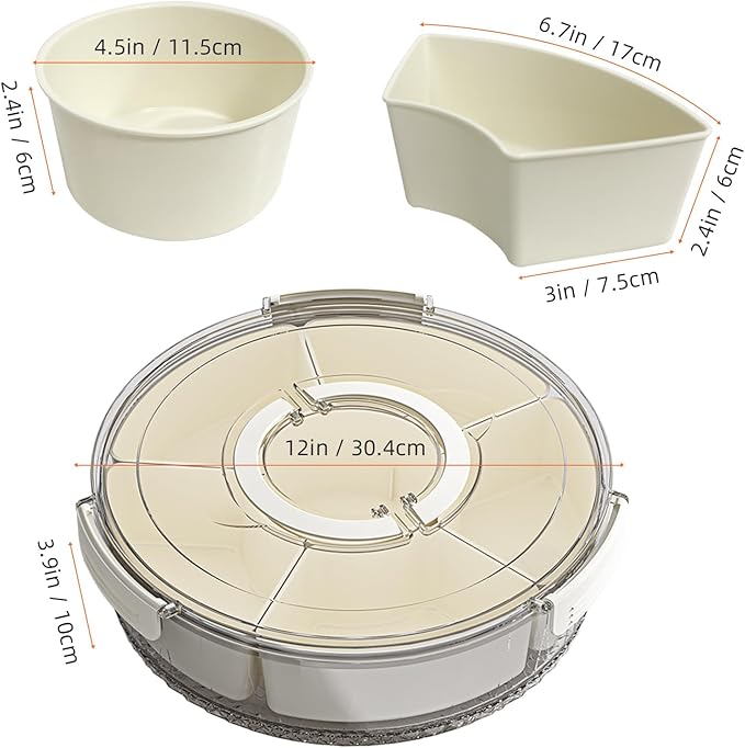 Divided Serving Tray with Lid and Handle, Stackable Snackle Box Container for Fruits Candy Organizer, Portable Spinning Rounded Veggie Tray for Kitchen, Party, Trave and Picnic-1 PACK